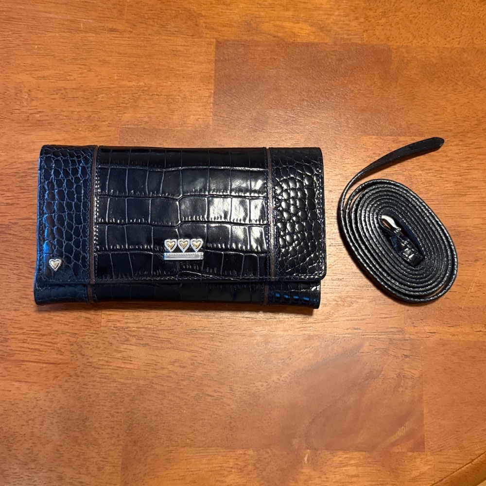 NWT Vintage Brighton Black Croc-Embossed Leather Wallet Crossbody Bag